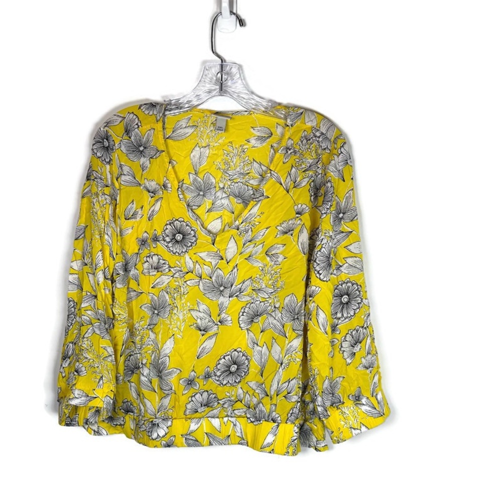 A New Day Womens L Yellow Floral V-Neck Long Sleeve Flowy‎ Bubble Blouse